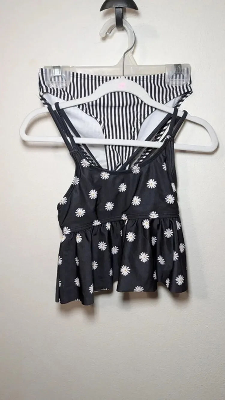 Old Navy Tankini Black White Daisy Stripes Girls Size S 6-7
